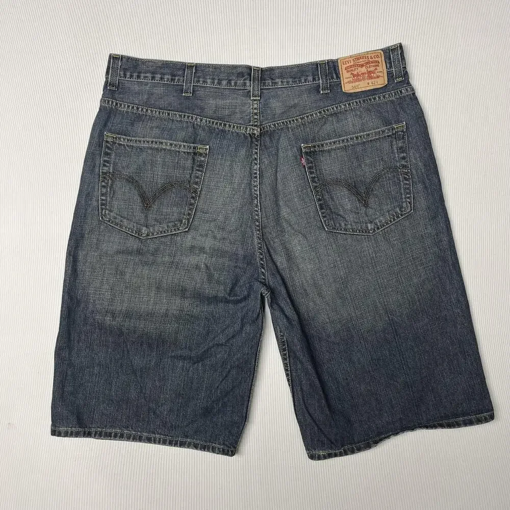 Levi's 569 Denim Bermuda Shorts Mens 42 Blue Medium Wash Loose Fit 12 Inseam